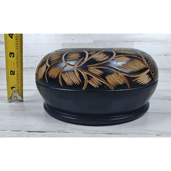 Vtg Hand Carved Two-tone Floral Wood Bowl Folk Art Flowers Boho Rustic - Picture 6 of 6